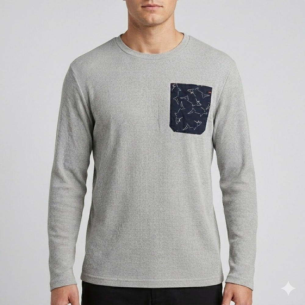 Greg Norman LS Waffle Knit Shirt Patterned Pocket M Grey